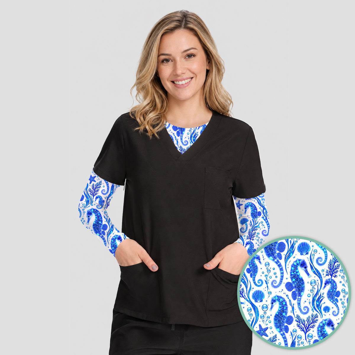 Blue Ocean Seahorse Pattern Underscrub, Long Sleeve Shirt for Nurses