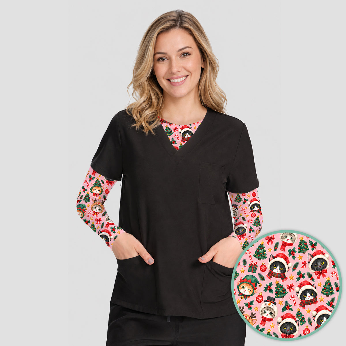 Christmas Cats And Trees Pattern Underscrub, Long Sleeve Shirt for Nurses