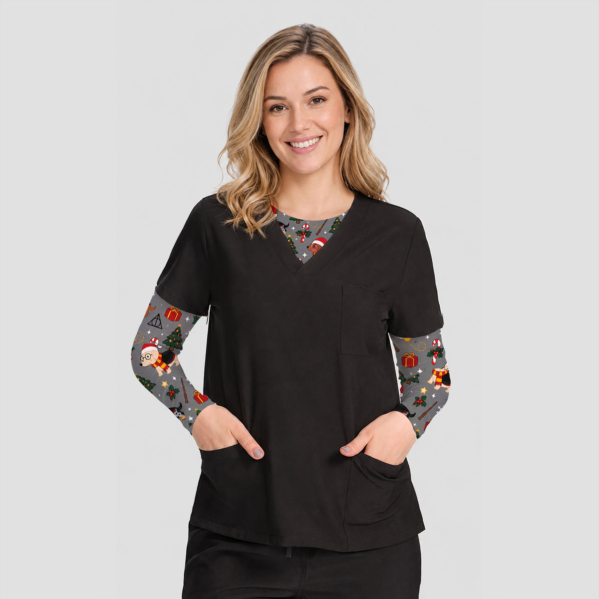 Christmas Wizard Dachshunds Pattern Underscrub, Long Sleeve Shirt for Nurses