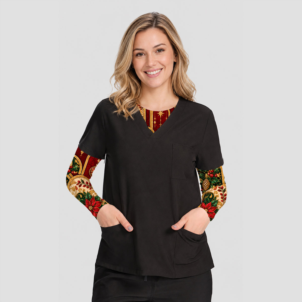 Elegant Christmas Poinsettia Gold Arch Pattern Underscrub, Long Sleeve Shirt for Nurses