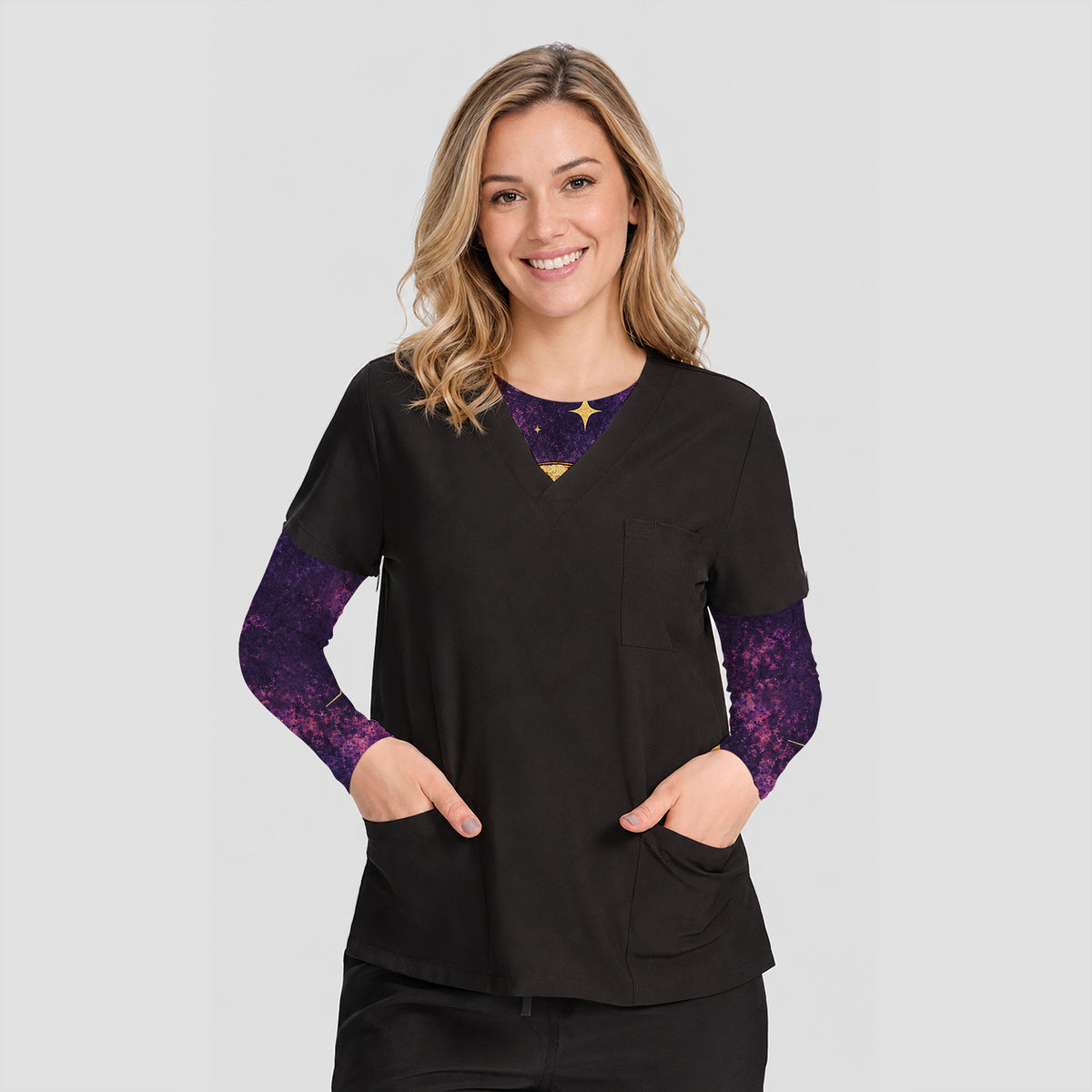 Celestial Nurse Black Cat Crescent Moon Underscrub, Long Sleeve Shirt for Nurses