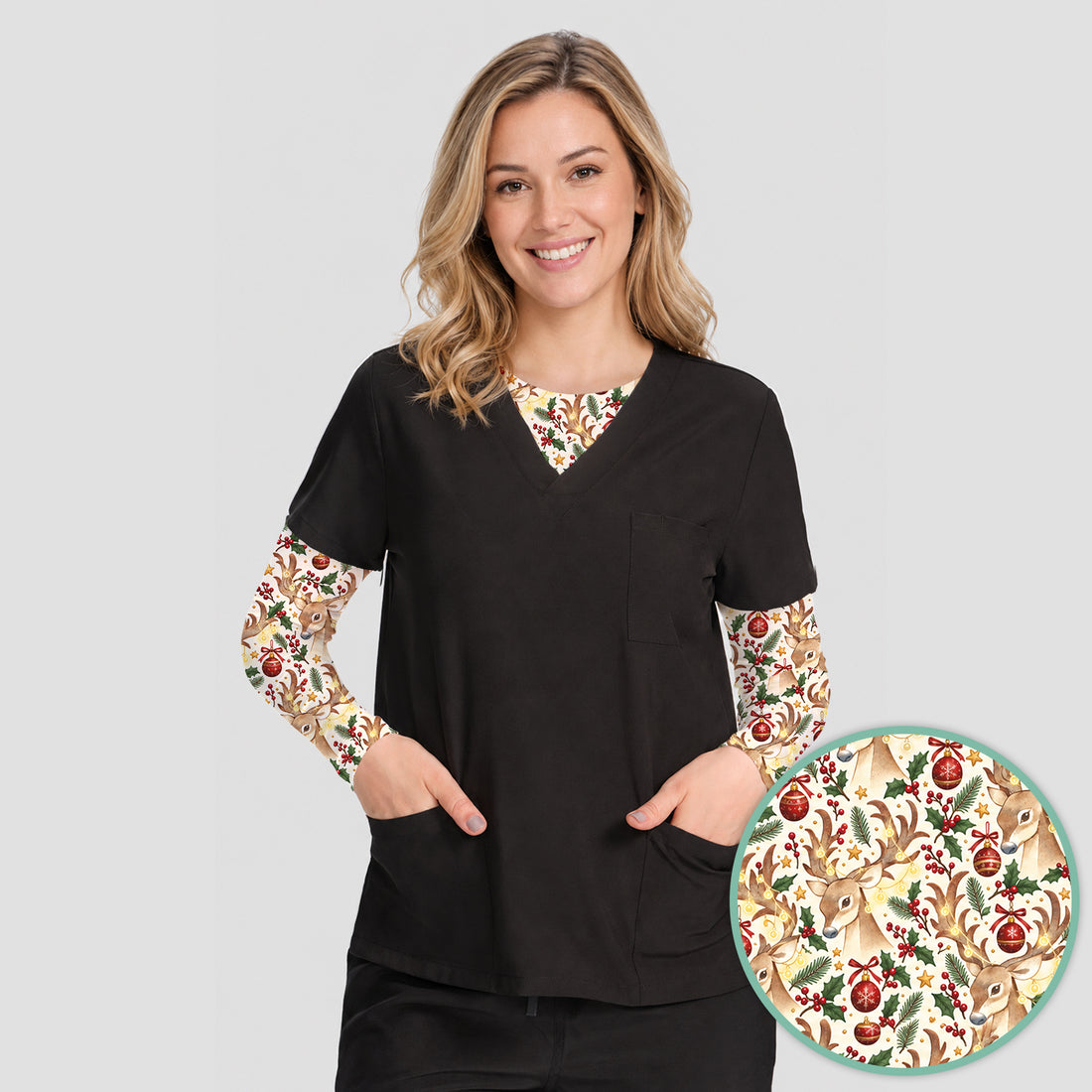 Christmas Reindeer And Holly Underscrub, Long Sleeve Shirt for Nurses