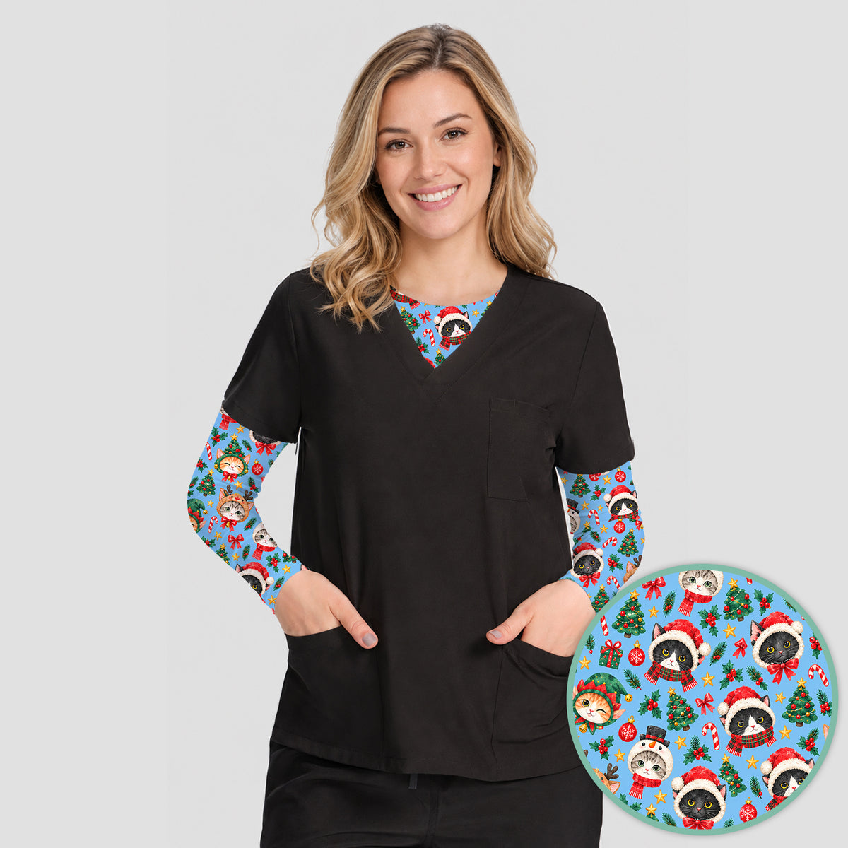 Christmas Cats And Trees Pattern Underscrub, Long Sleeve Shirt for Nurses
