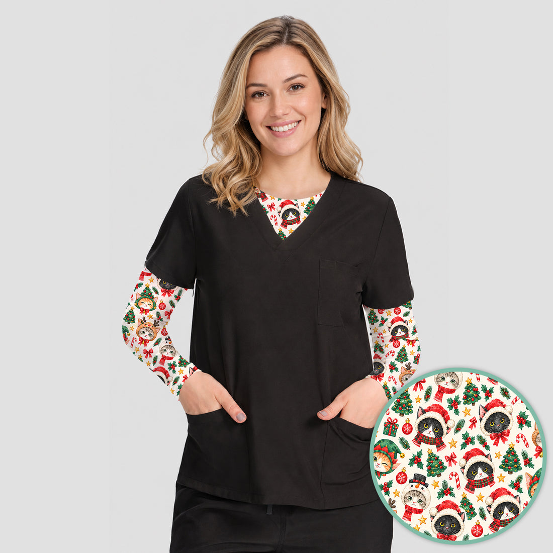 Christmas Cats And Trees Pattern Underscrub, Long Sleeve Shirt for Orthopedic Nurses