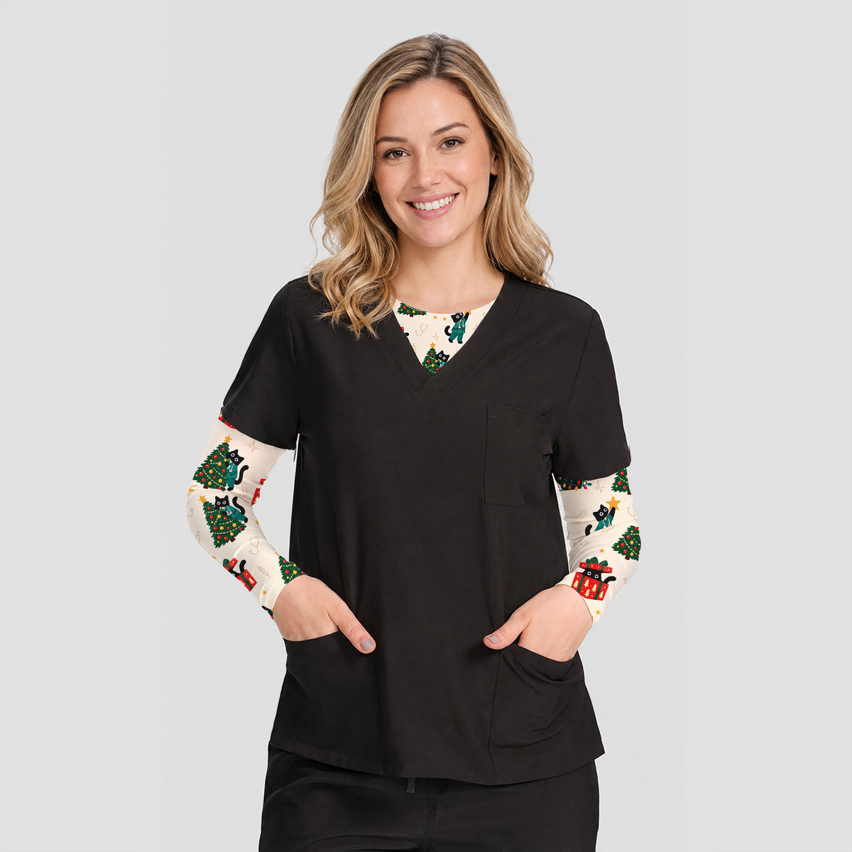 Christmas Black Nurse Cats And Trees Underscrub, Long Sleeve Shirt for Nurses