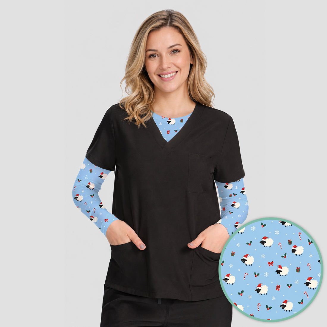 Cute Christmas Sheep Pattern Underscrub, Long Sleeve Shirt for Nurses