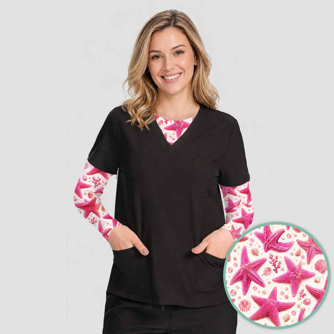 Pink Starfish And Seashell Pattern Underscrub, Long Sleeve Shirt for Nurses