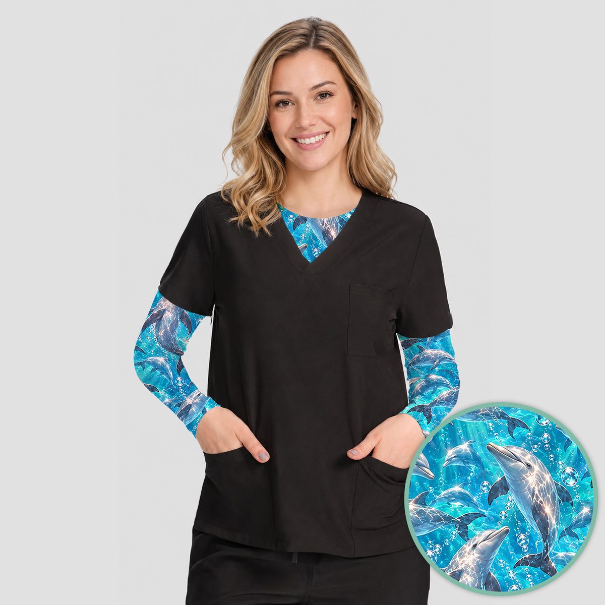 Blue Ocean Dolphin Pattern Underscrub, Long Sleeve Shirt for Nurses