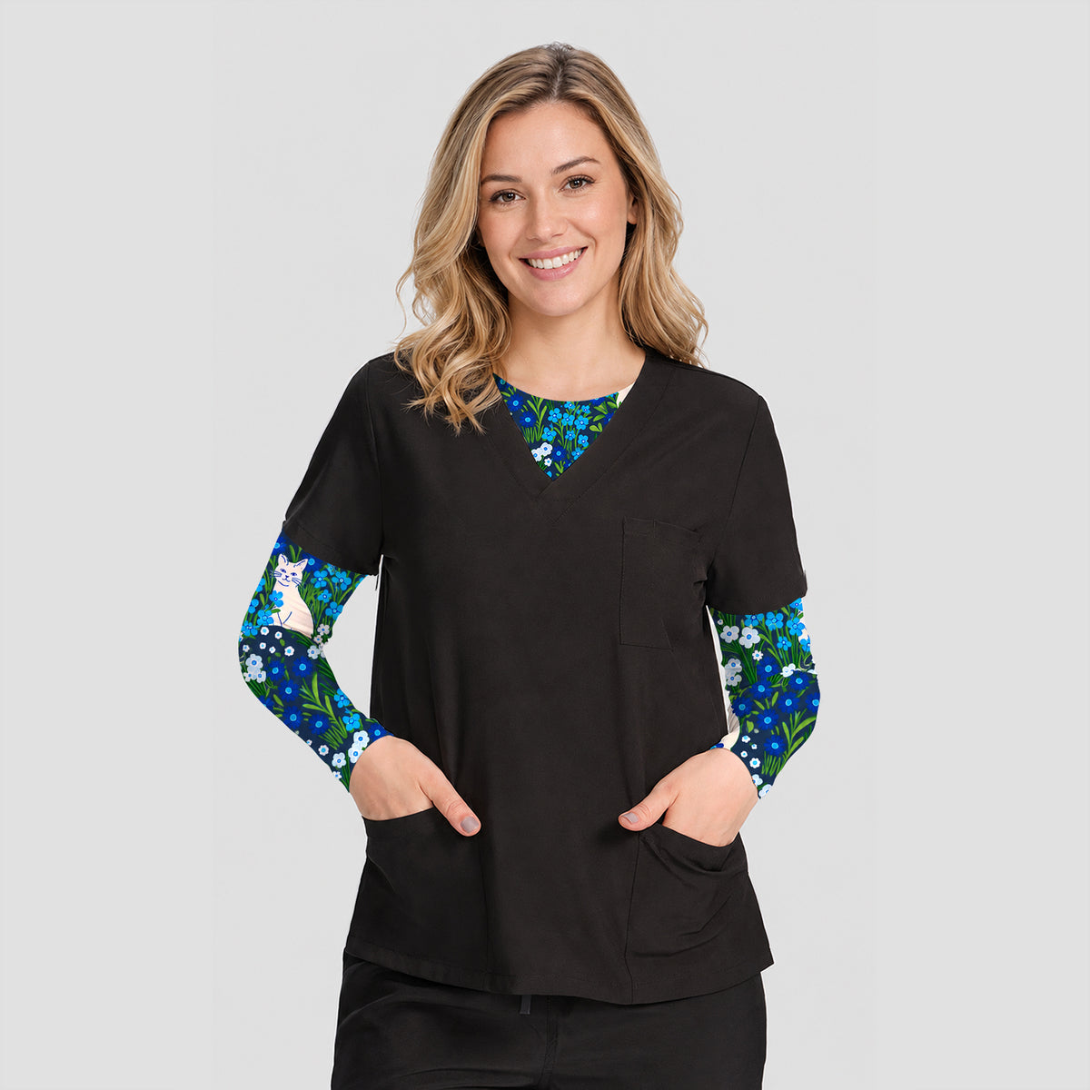 Cute White Cats And Blue Wildflowers Underscrub, Long Sleeve Shirt for Nurses