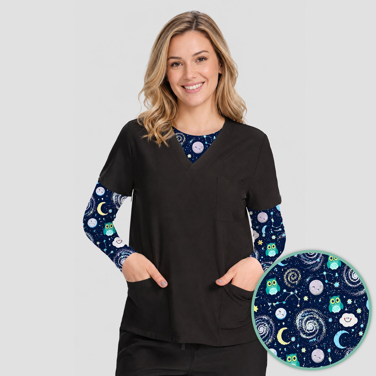 Cute Night Owl Galaxy Pattern Underscrub, Long Sleeve Shirt for Nurses