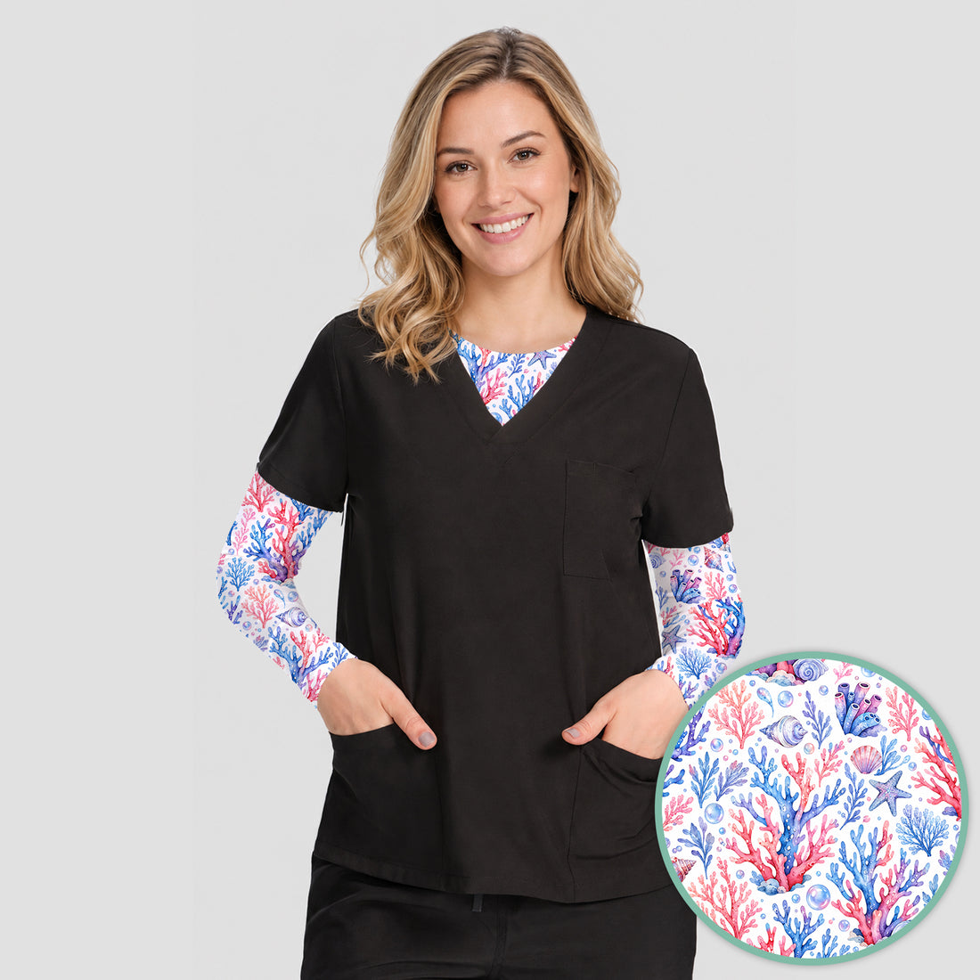 Watercolor Coral Reef Pattern Underscrub, Long Sleeve Shirt for Nurses