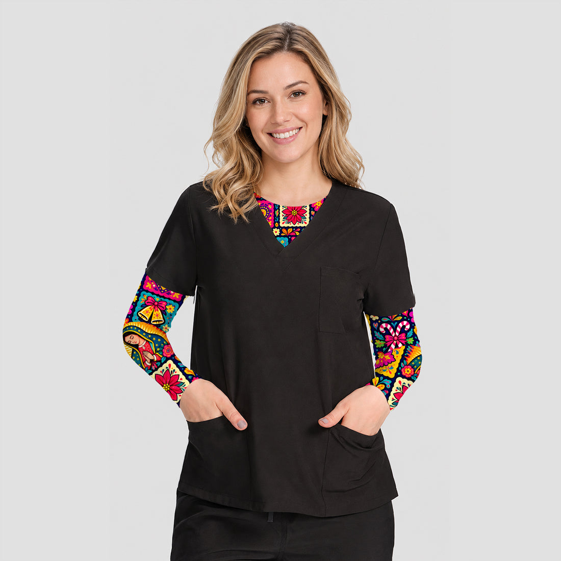 Our Lady of Guadalupe Christmas Folk Art Pattern Underscrub, Long Sleeve Shirt for Nurses