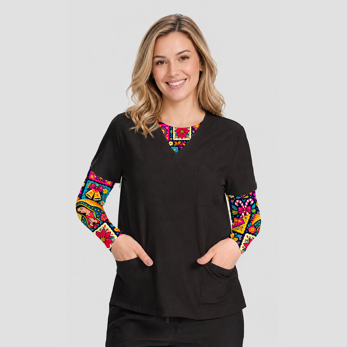 Our Lady of Guadalupe Christmas Folk Art Pattern Underscrub, Long Sleeve Shirt for Nurses