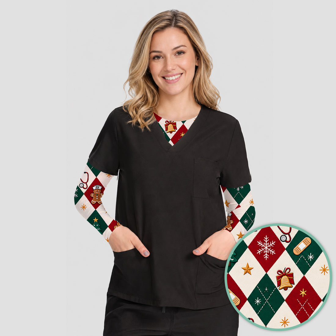 Christmas Gingerbread Nurse Argyle Underscrub, Long Sleeve Shirt for Nurses