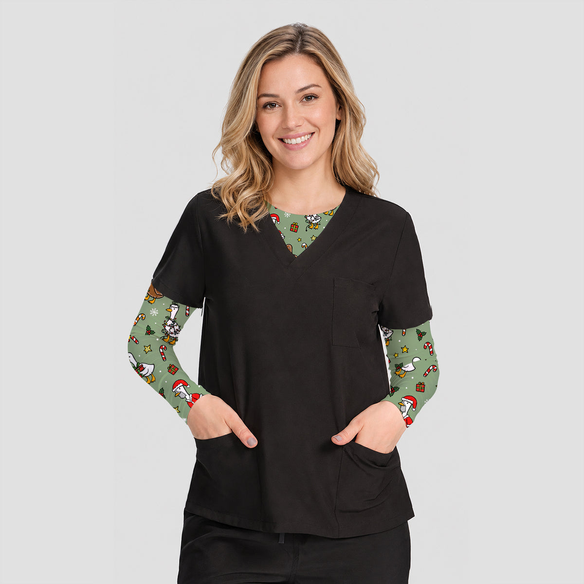 Christmas Geese In Festive Costumes Underscrub, Long Sleeve Shirt for Nurses