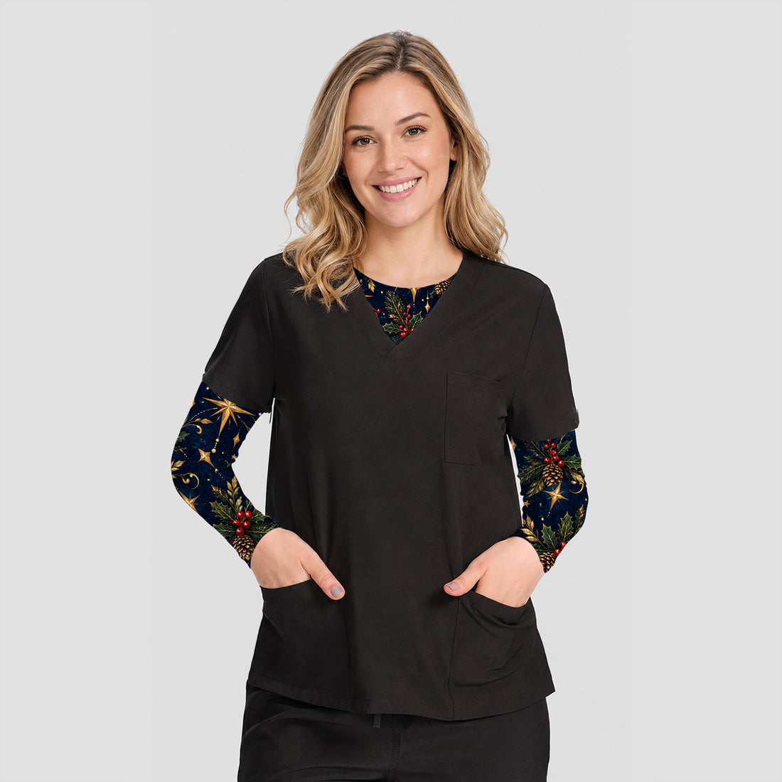 Elegant Christmas Gold Stars and Pinecones Pattern Underscrub, Long Sleeve Shirt for Nurses