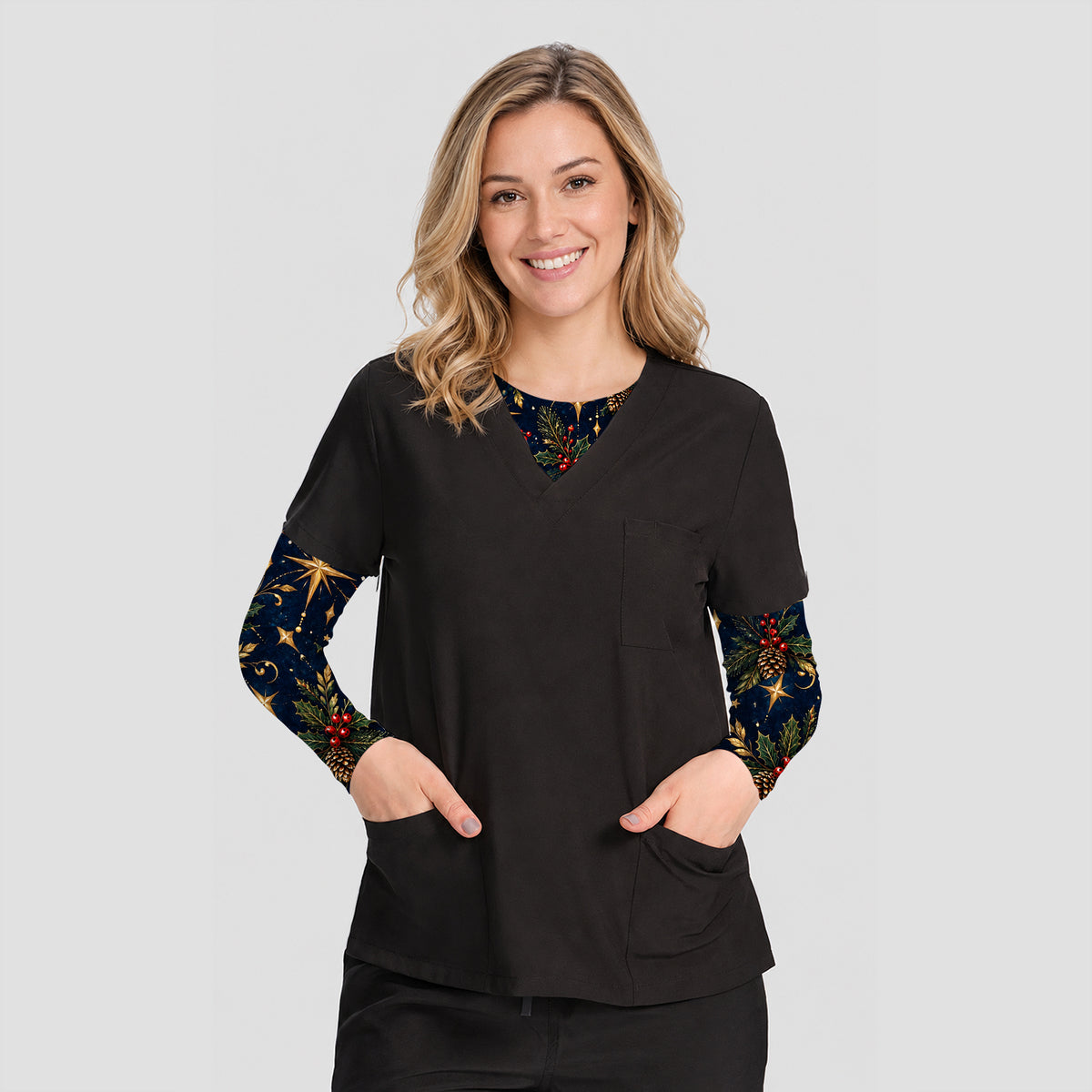 Elegant Christmas Gold Stars and Pinecones Pattern Underscrub, Long Sleeve Shirt for Nurses