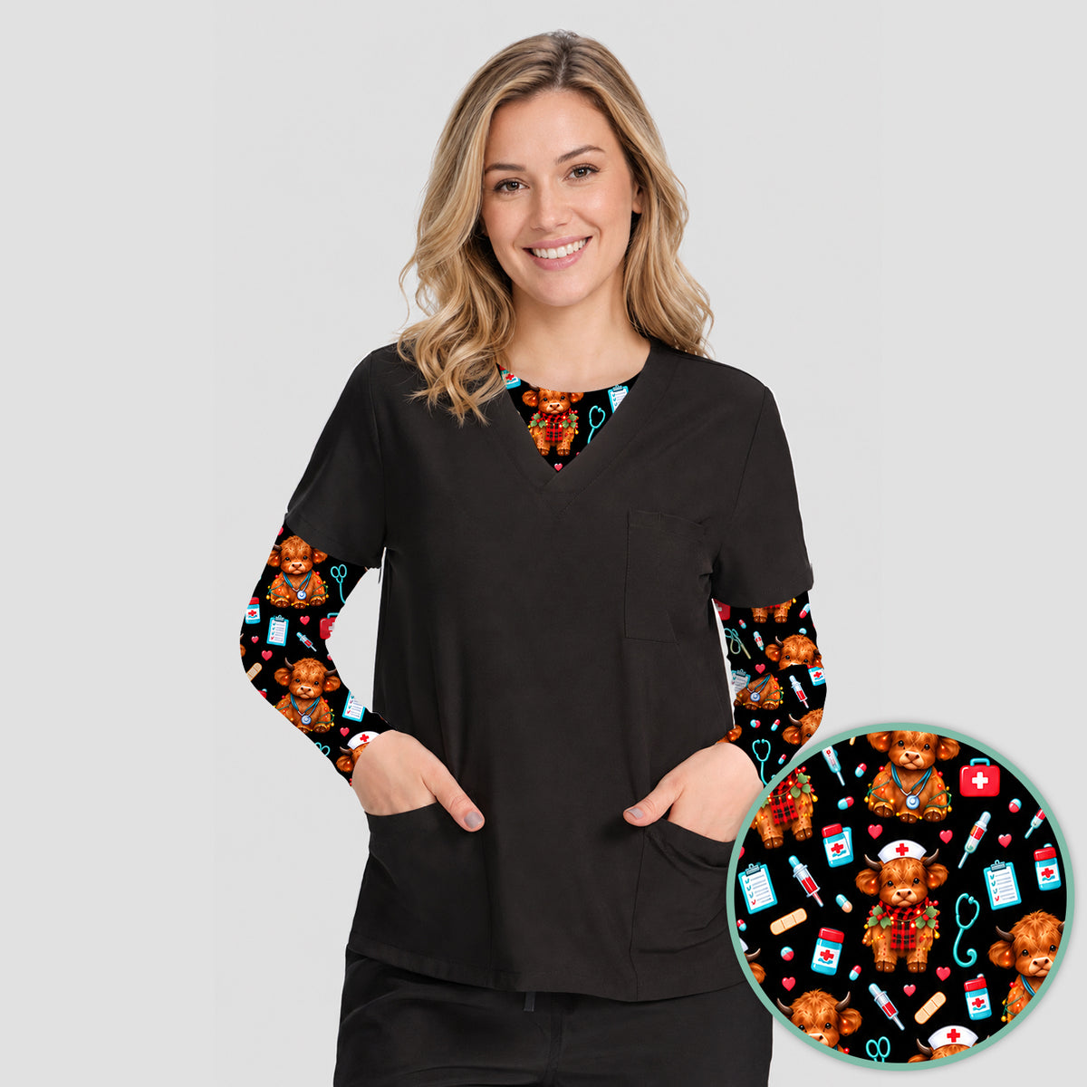 Cute Christmas Highland Cow Nurse Underscrub, Long Sleeve Shirt for Nurses