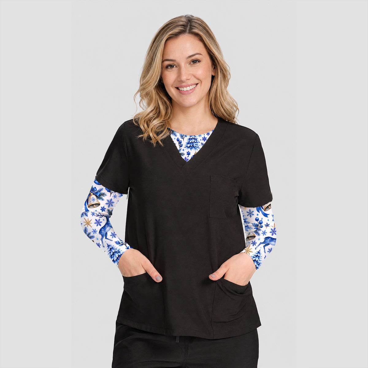 Blue Christmas Reindeer And Winter Trees Underscrub, Long Sleeve Shirt for Nurses