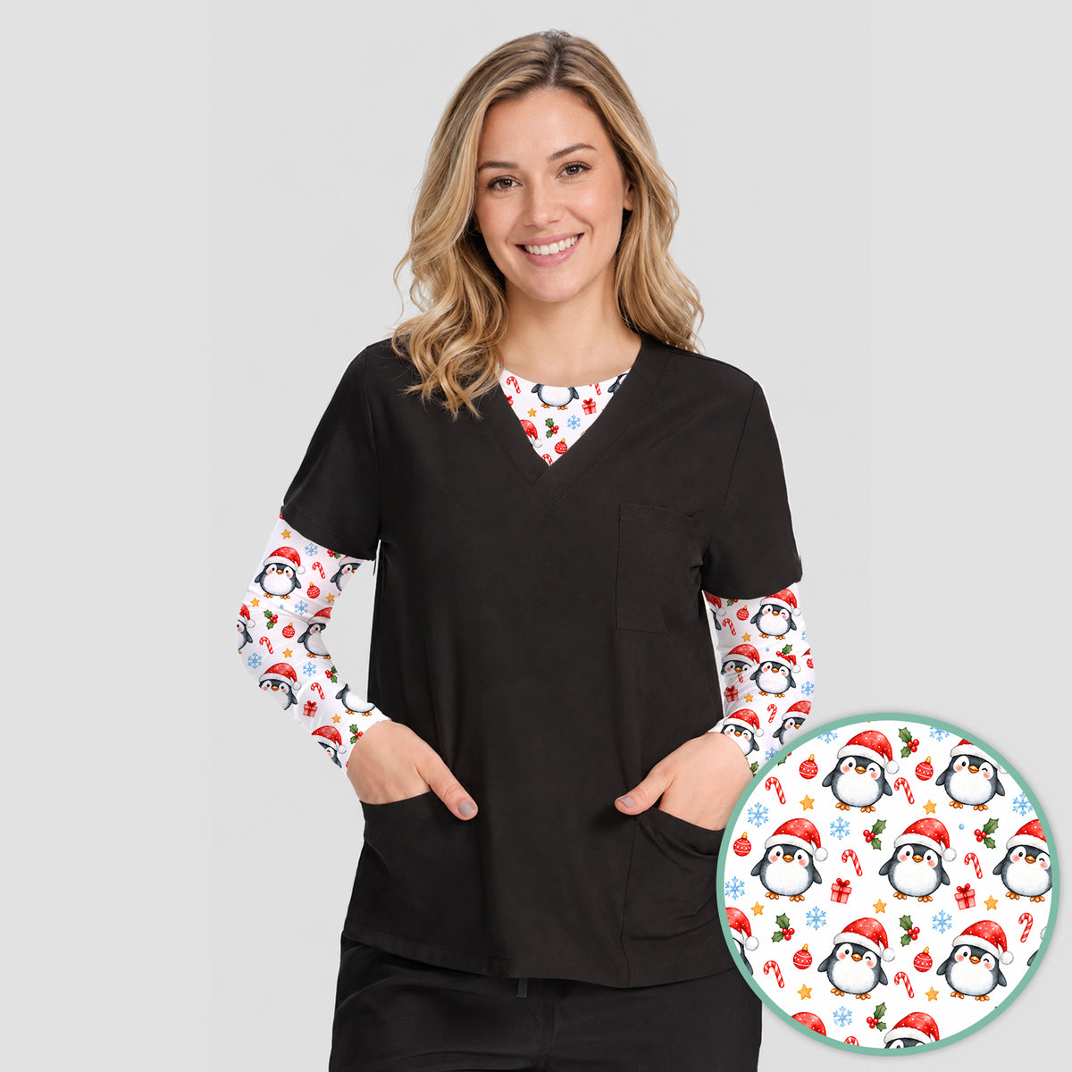 Christmas Penguins In Santa Hats Underscrub, Long Sleeve Shirt for Nurses