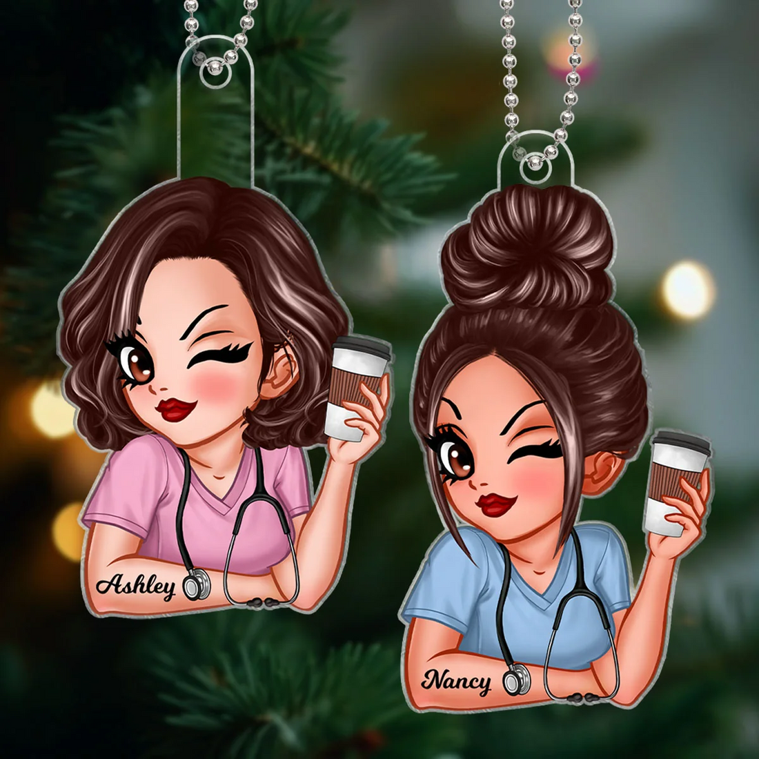 Personalized Nurse with Favorite Drink Acrylic Ornament – Custom Name Christmas Gift for Nurses