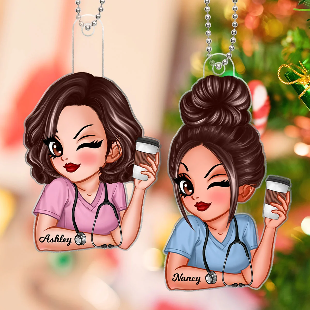 Personalized Nurse with Favorite Drink Acrylic Ornament – Custom Name Christmas Gift for Nurses