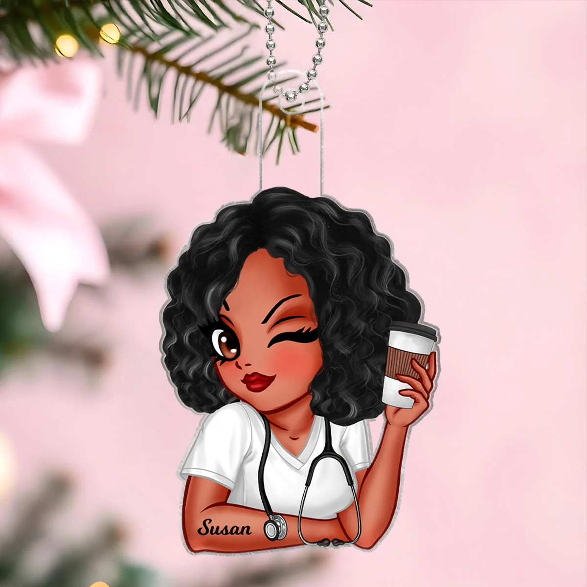 Personalized Nurse with Favorite Drink Acrylic Ornament – Custom Name Christmas Gift for Nurses