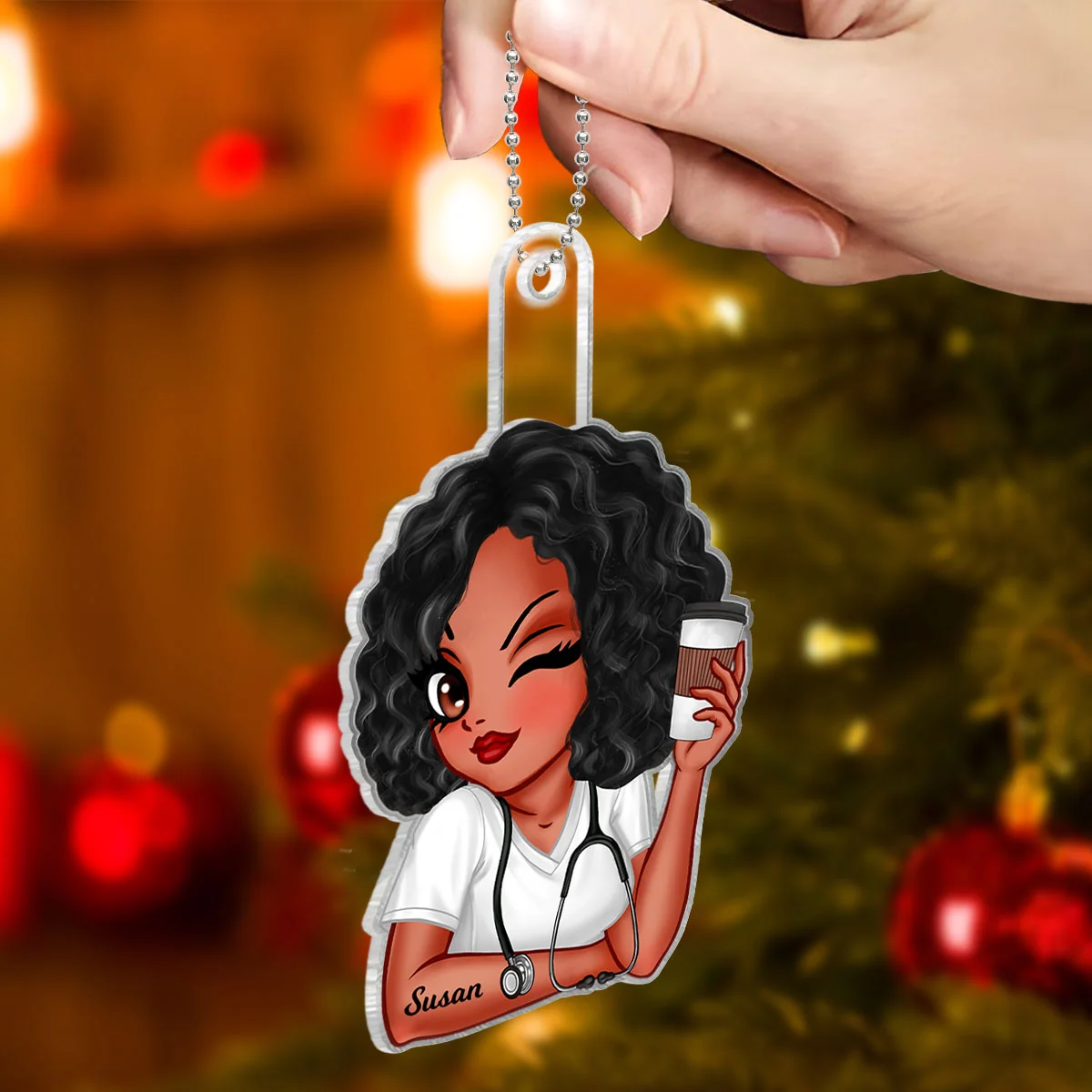 Personalized Nurse with Favorite Drink Acrylic Ornament – Custom Name Christmas Gift for Nurses