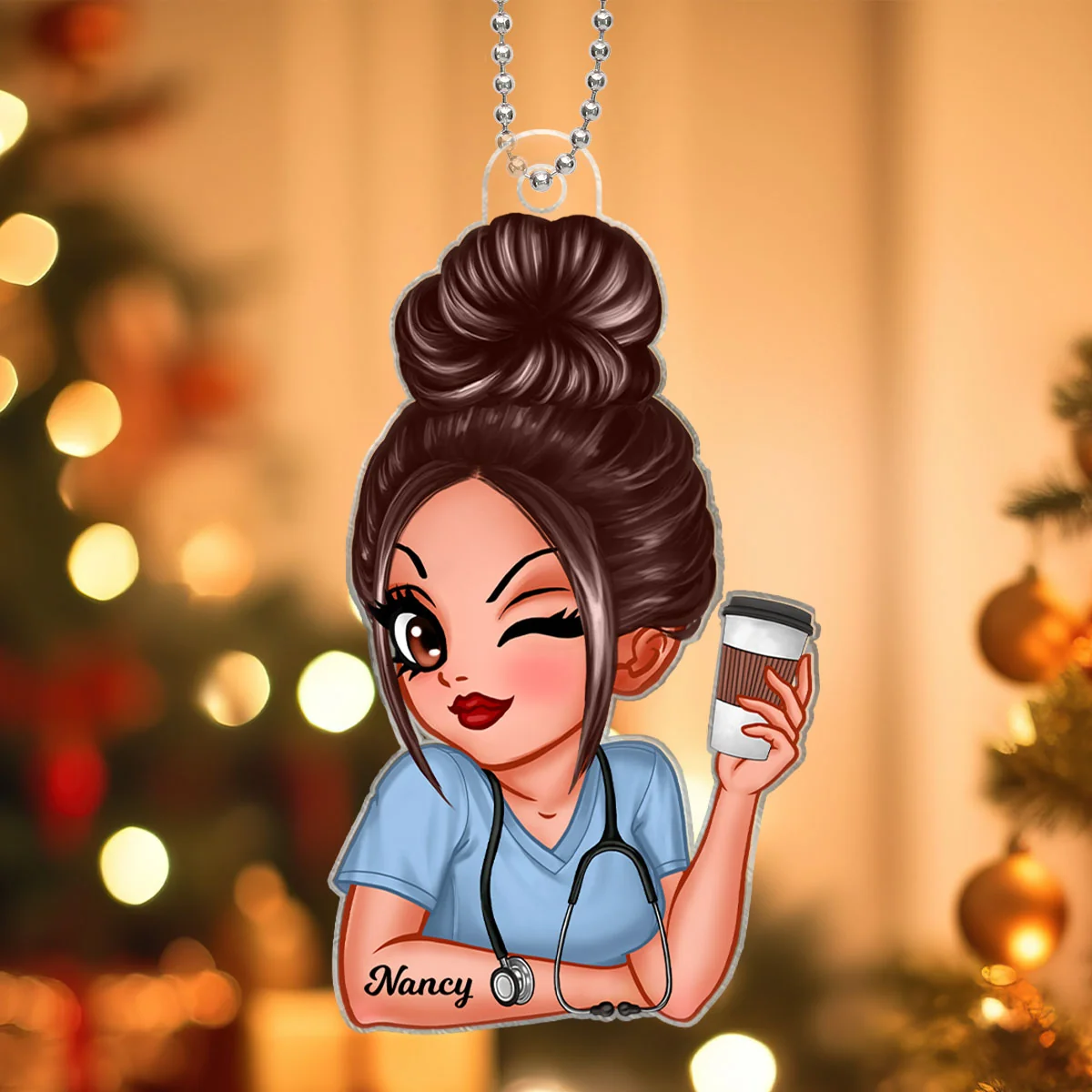 Personalized Nurse with Favorite Drink Acrylic Ornament – Custom Name Christmas Gift for Nurses