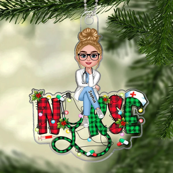 Personalized Sitting Nurse Acrylic Ornament – Christmas Plaid & Lights Custom Name Nurse Gift