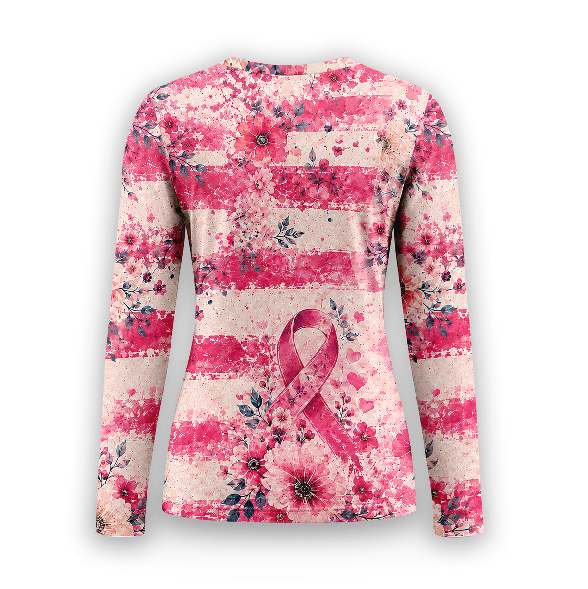 Breast Cancer Awareness Floral Ribbon Underscrub, Long Sleeve Shirt for Nurses