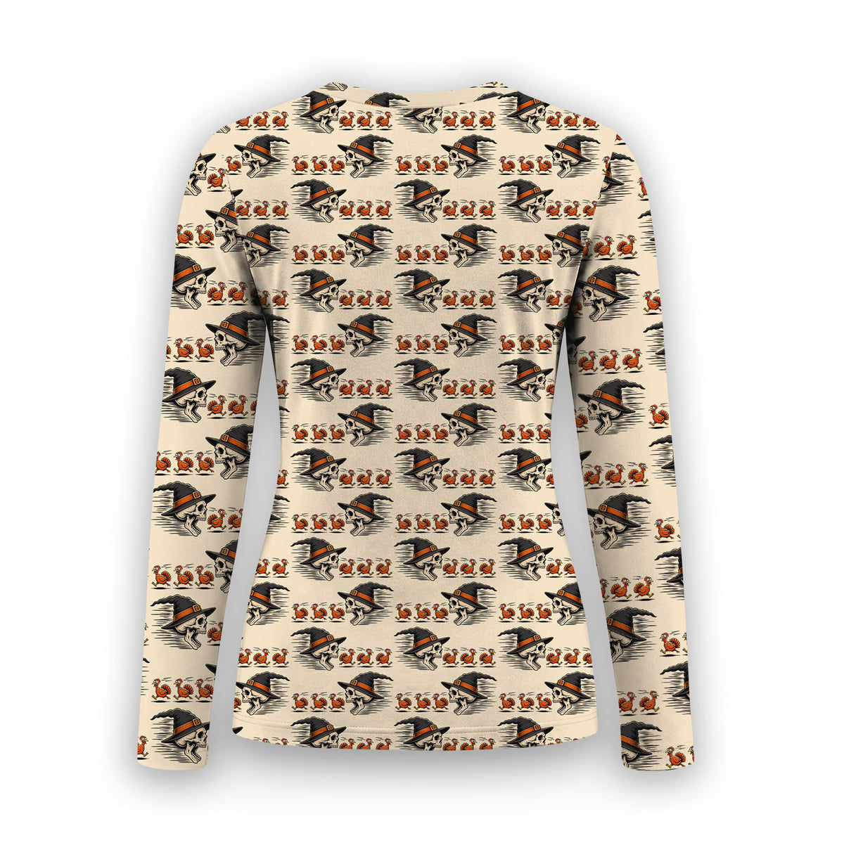 Funny Thanksgiving Skull Chasing Turkeys Pattern Underscrub, Long Sleeve Shirt for Nurses