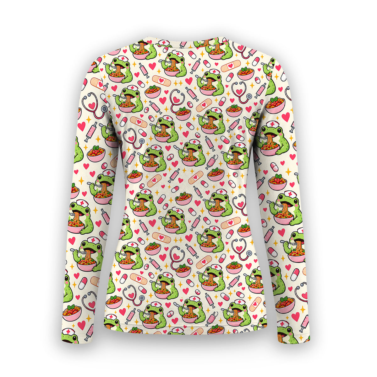 Cute Nurse Frogs Eating Noodles Pattern Underscrub, Long Sleeve Shirt for Nurses