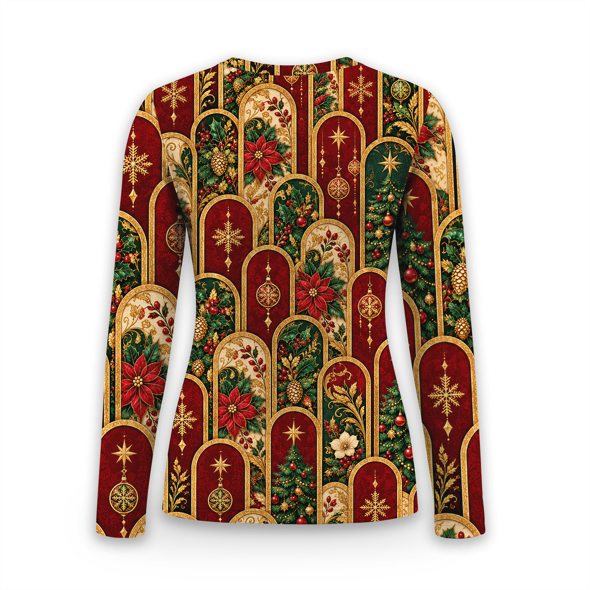 Elegant Christmas Poinsettia Gold Arch Pattern Underscrub, Long Sleeve Shirt for Nurses