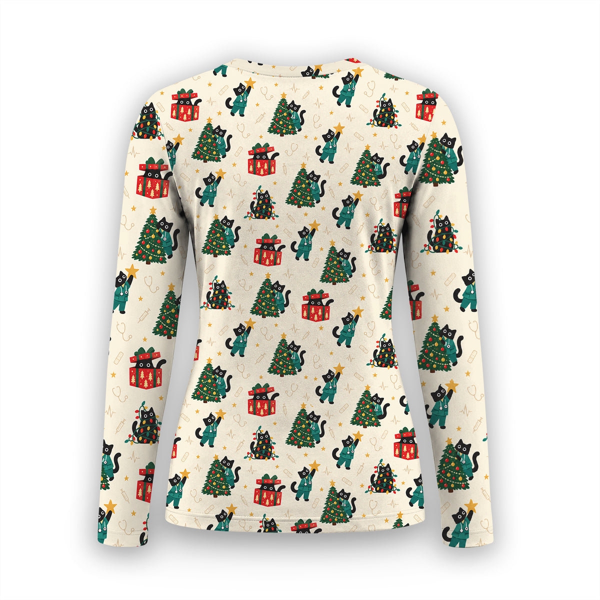 Christmas Black Nurse Cats And Trees Underscrub, Long Sleeve Shirt for Nurses