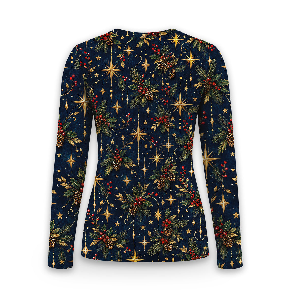 Elegant Christmas Gold Stars and Pinecones Pattern Underscrub, Long Sleeve Shirt for Nurses