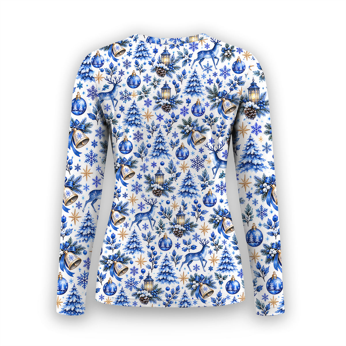 Blue Christmas Reindeer And Winter Trees Underscrub, Long Sleeve Shirt for Nurses