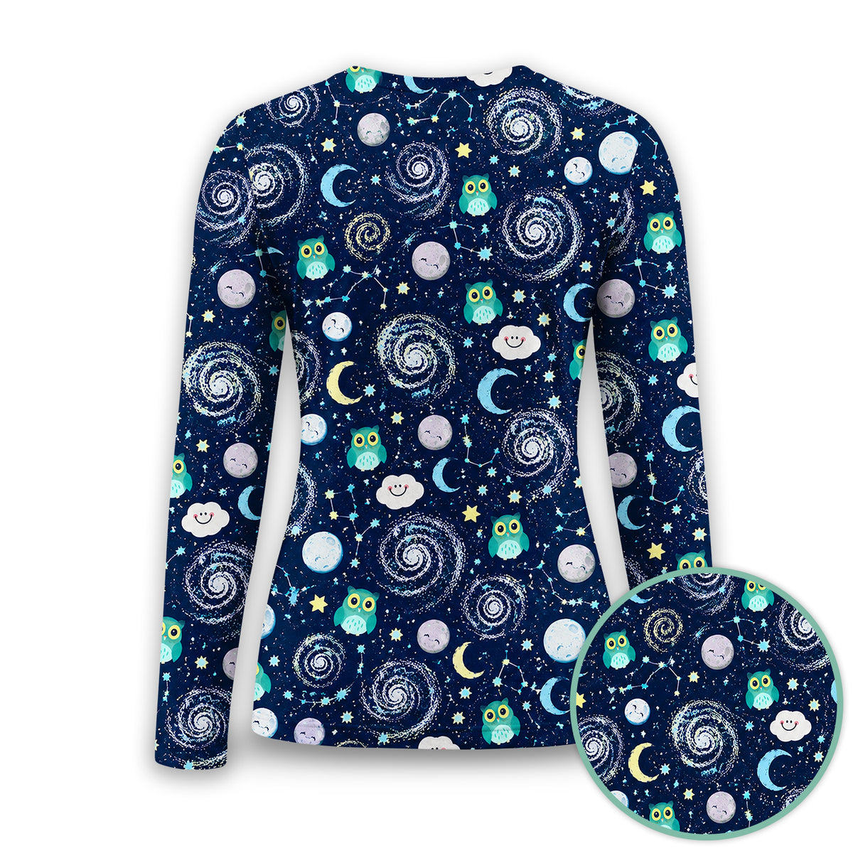 Cute Night Owl Galaxy Pattern Underscrub, Long Sleeve Shirt for Nurses