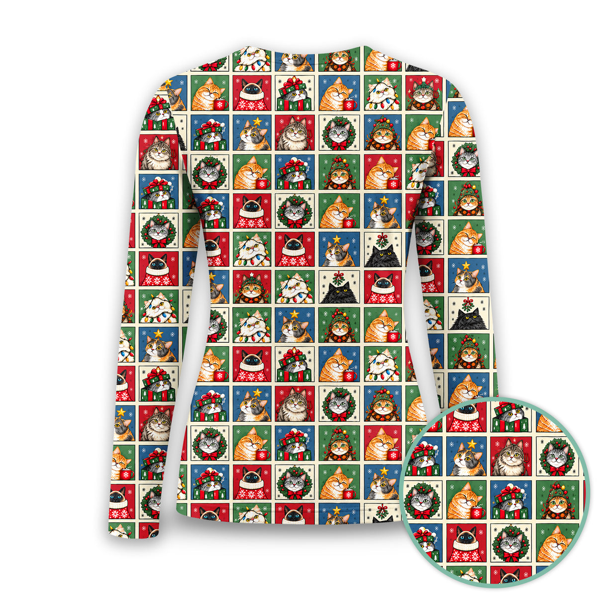 Cute Christmas Cat Patchwork Underscrub, Long Sleeve Shirt for Nurses
