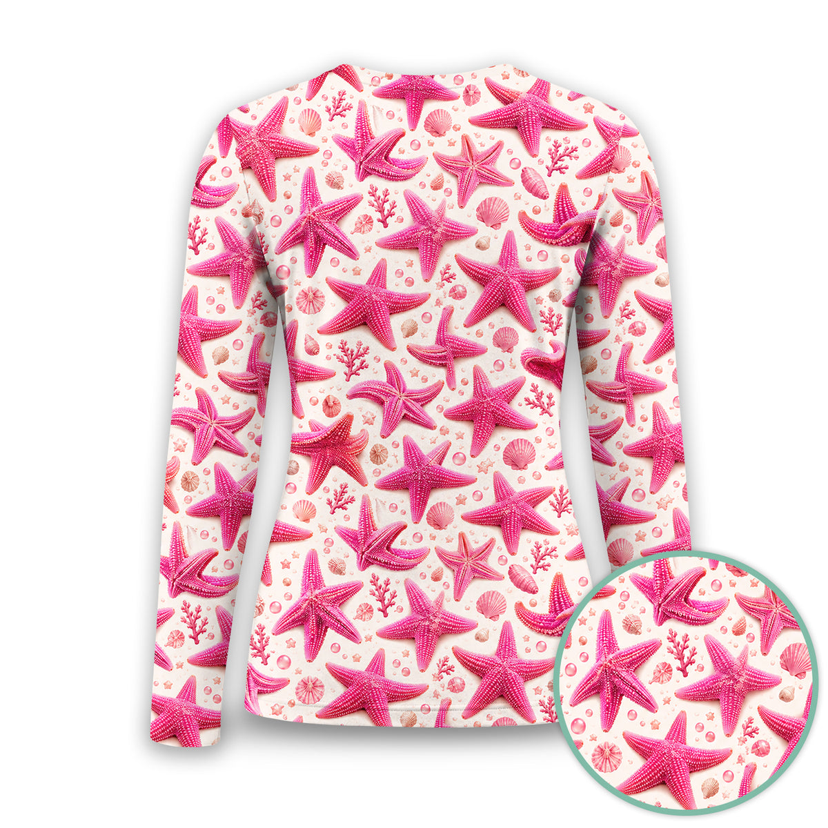 Pink Starfish And Seashell Pattern Underscrub, Long Sleeve Shirt for Nurses