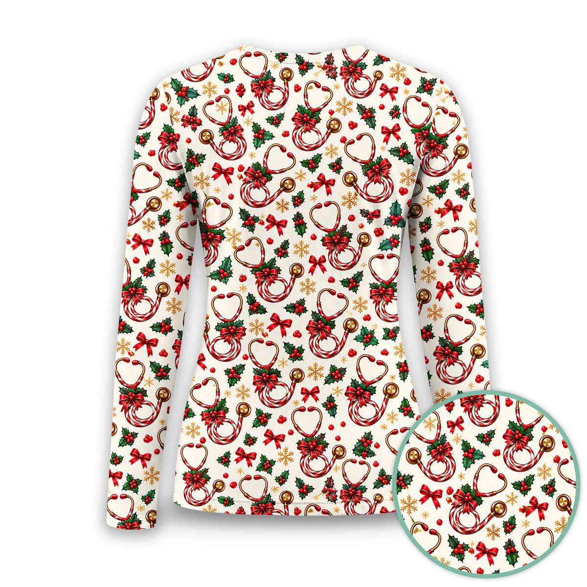 Christmas Candy Cane Stethoscope Pattern Underscrub, Long Sleeve Shirt for Nurses