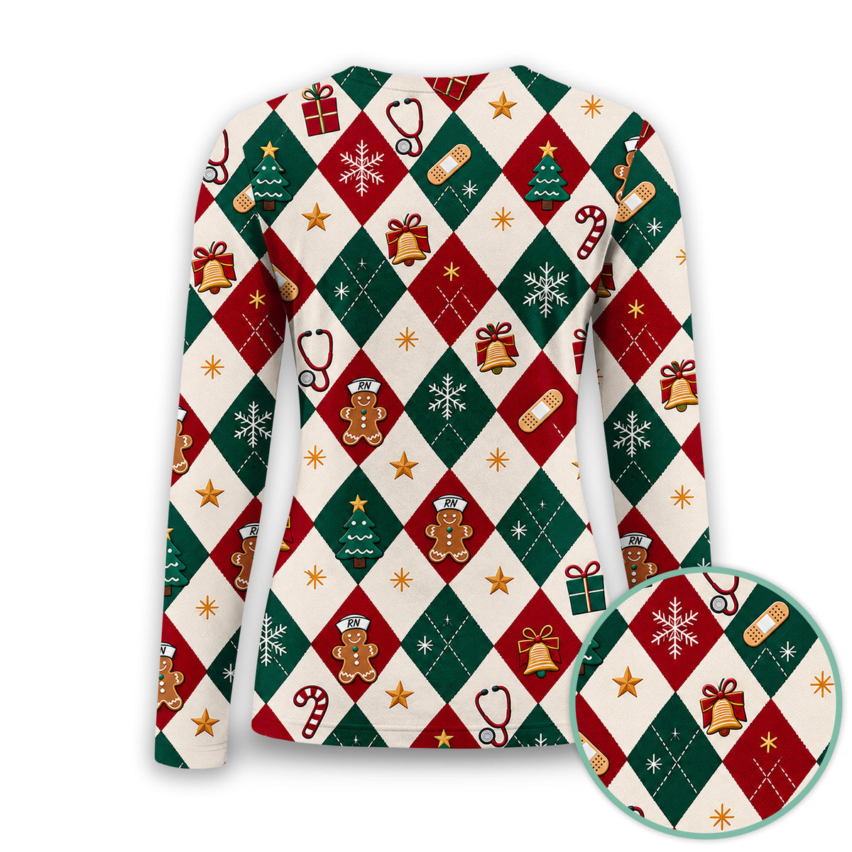 Christmas Gingerbread Nurse Argyle Underscrub, Long Sleeve Shirt for Nurses