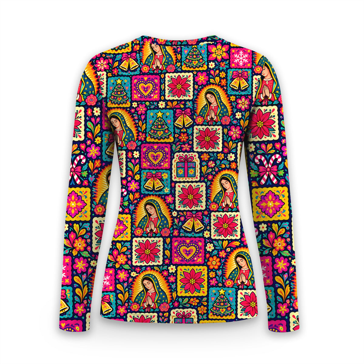 Our Lady of Guadalupe Christmas Folk Art Pattern Underscrub, Long Sleeve Shirt for Nurses