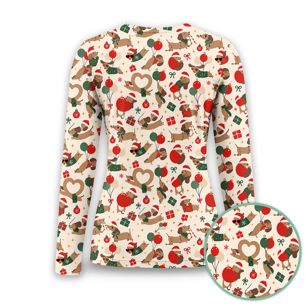 Cute Christmas Dachshund Pattern Underscrub, Long Sleeve Shirt for Nurses