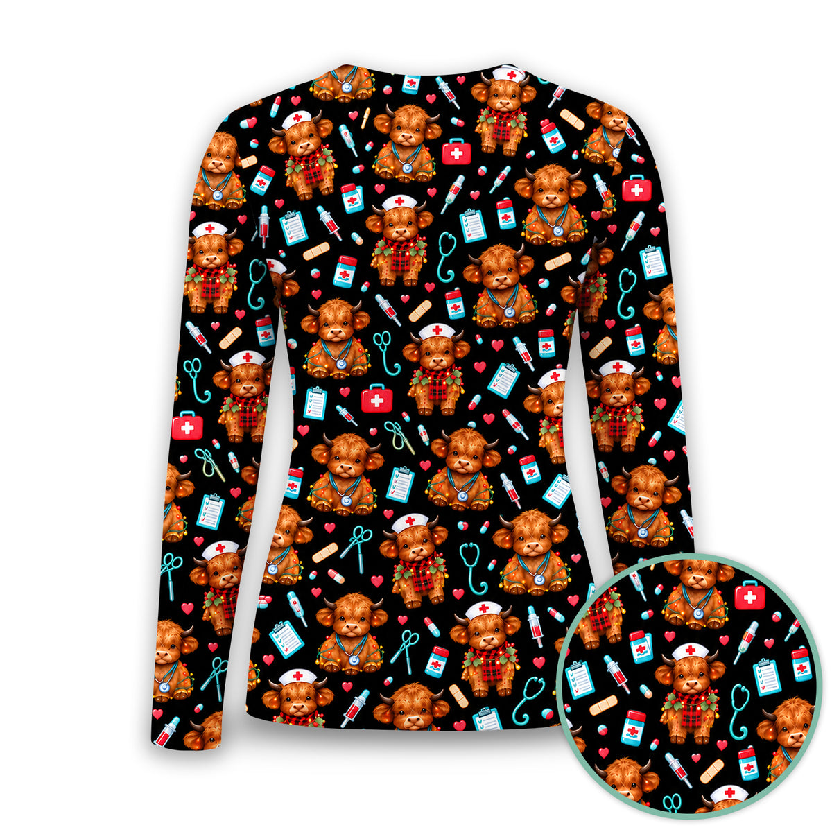 Cute Christmas Highland Cow Nurse Underscrub, Long Sleeve Shirt for Nurses