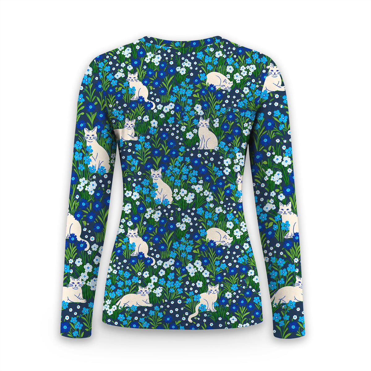 Cute White Cats And Blue Wildflowers Underscrub, Long Sleeve Shirt for Nurses