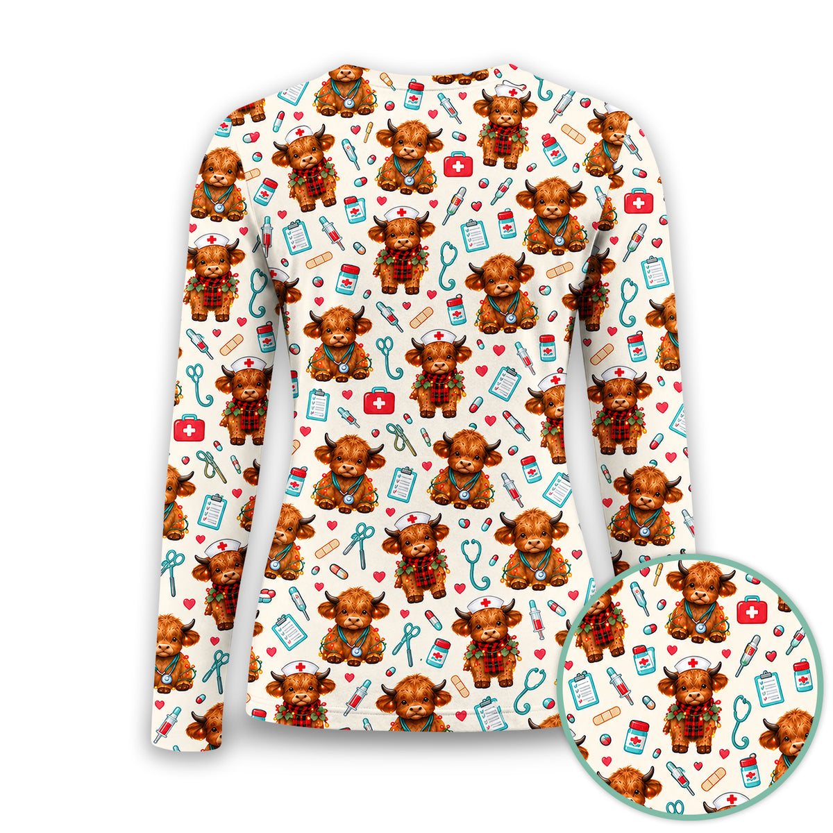 Cute Christmas Highland Cow Nurse Underscrub, Long Sleeve Shirt for Nurses