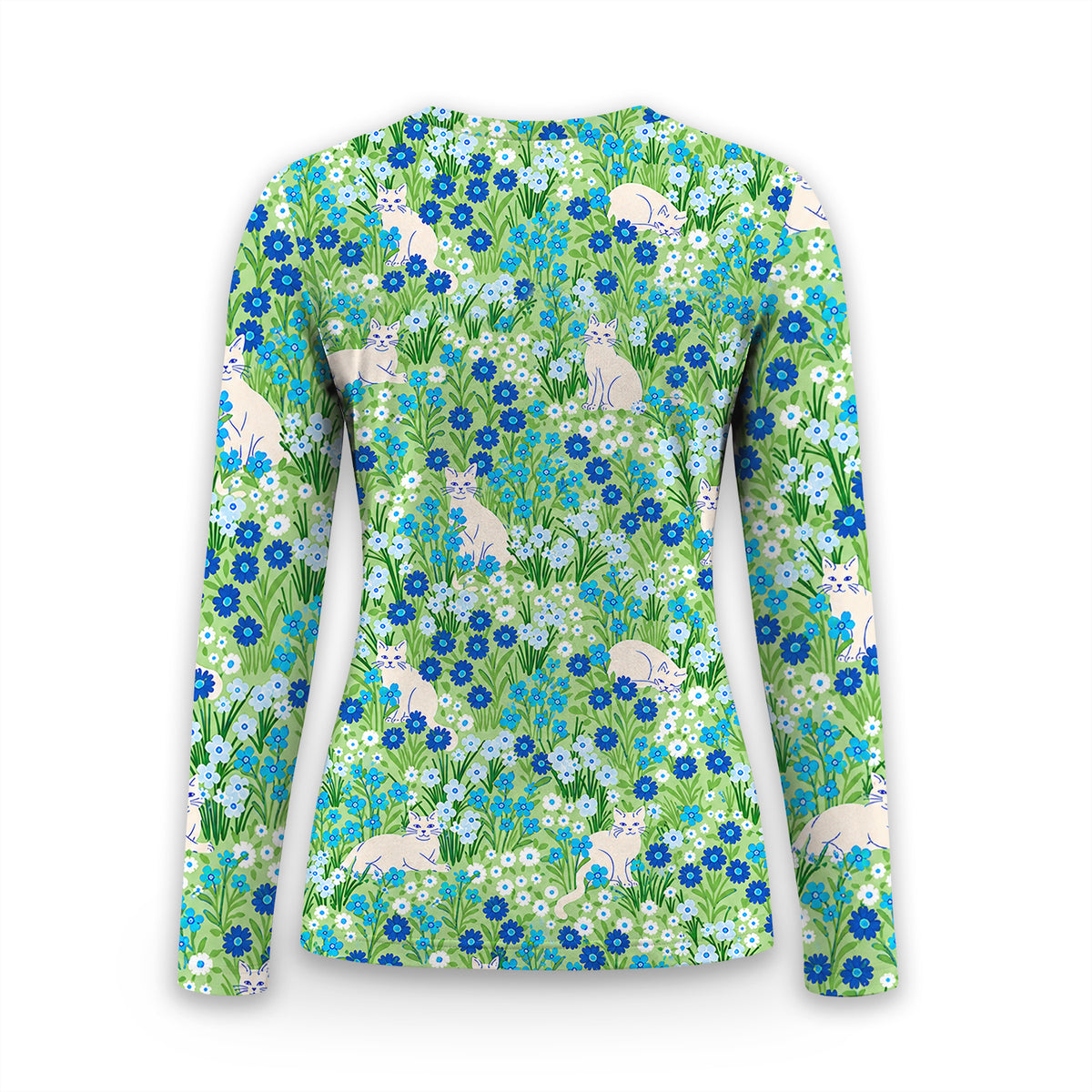 Cute White Cats And Blue Wildflowers Underscrub, Long Sleeve Shirt for Nurses