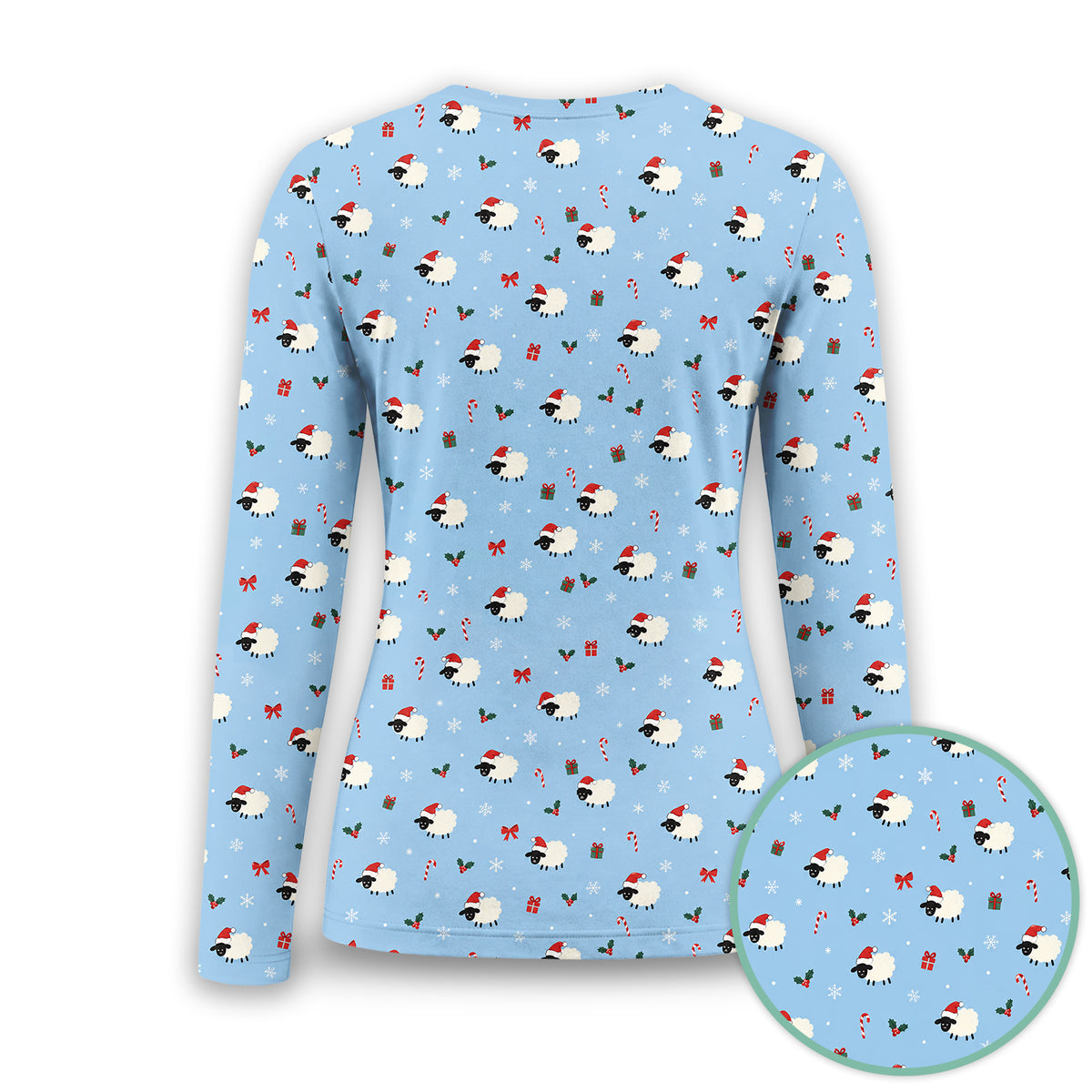Cute Christmas Sheep Pattern Underscrub, Long Sleeve Shirt for Nurses
