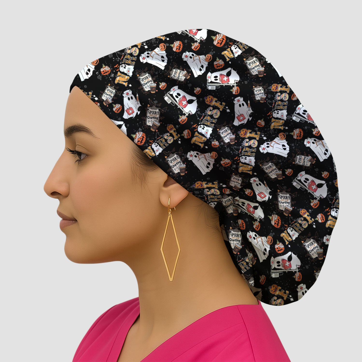 Halloween Bouffant Scrub Caps for Women - Spooky But Still Charting - Funny Surgical Caps for Doctors